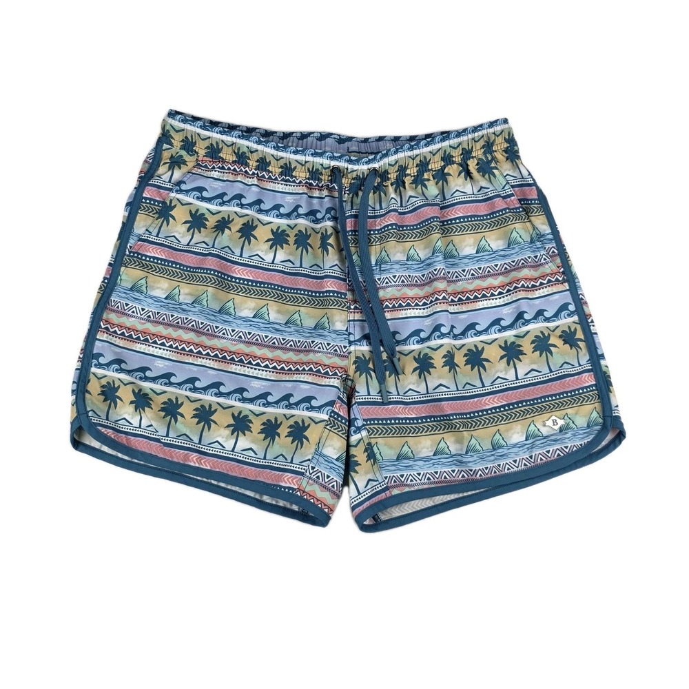 Burlebo Swim Trunks Mens Large Blue Palms And Fins 6" Inseam Performance Lined